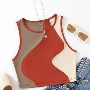 Orange, Tan, & Cream Sleeveless Graphic Crop Tank Top